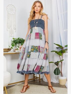 Young Threads Fair trade, recycled NWT Boho Patchwork Smocked sundress blue